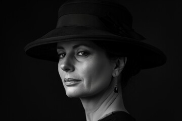 A portrait of a woman wearing a black hat, captured in black and white against a deep black background