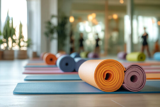 Peaceful yoga class setting with multiple colorful yoga mats arranged for group practice