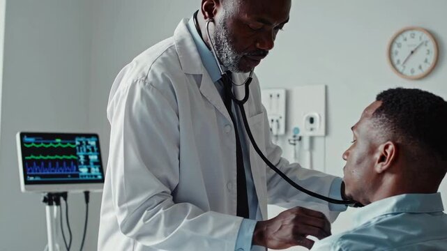 Medical professional conducting thorough health checkup, carefully listening to patient's lungs and heart using stethoscope in modern hospital examination room, captured in slow motion detail