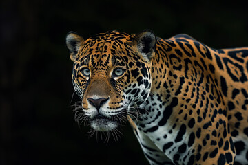 Fototapeta premium A powerful and majestic jaguar, its sleek body captured in sharp detail against a pure black background