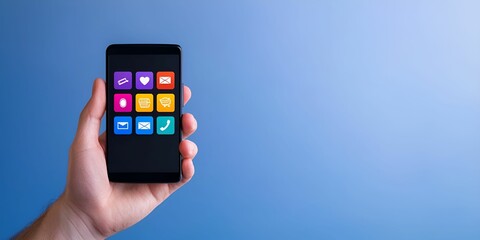 Digital banking accessibility concept. Hand holding a smartphone displaying colorful app icons against a blue background.