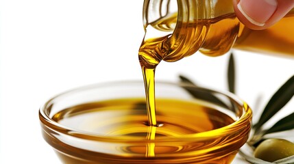 Olive oil being poured into a small glass bowl, with olive leaves and olives in the background. Use Food photography, cooking, healthy lifestyle