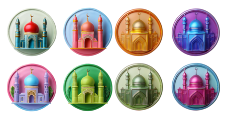 Colorful 3D Models of Iconic Mosques in Decorative Circles, isolated on transparent background