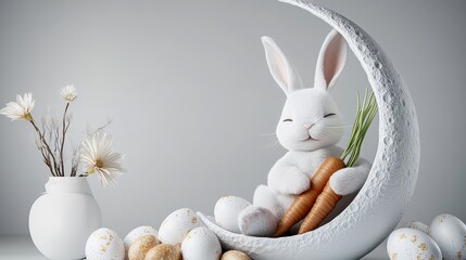 White rabbit is sitting on a carrot in a moon-shaped bed. The rabbit is surrounded by eggs and flowers, creating a whimsical and playful scene. Concept of joy and innocence