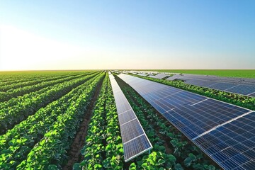 An innovative agrivoltaic system combines solar panels and agriculture, promoting sustainable energy production and crop growth under a clear blue sky.