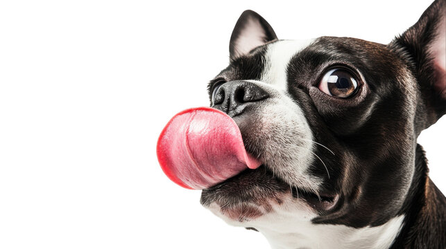 Cute Boston terrier dog licking nose, black and white puppy portrait with pink tongue, isolated cutout PNG for pet ads