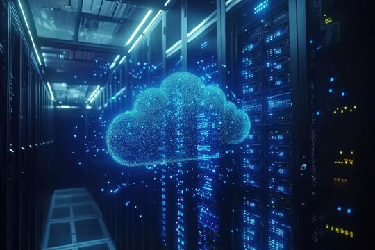 Server room with a glowing blue cloud icon, representing cloud data storage and security - Powered by Adobe