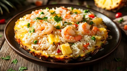 Shrimp pineapple fried rice, tropical setting, food photography, recipe