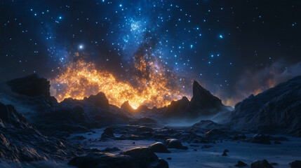 Dramatic Cosmic Eruption Over Rocky Landscape - Made with Generative AI