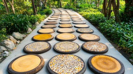 Fototapeta premium Eco-Friendly Recycled Tire Home Decor: Artistic Garden Pathway