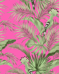 Tropical vector seamless background. Jungle pattern with exotic flowers and palm leaves. Stock vector. Summer vector vintage wallpaper.	
