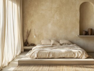 A bed with pillows and a vase on a shelf