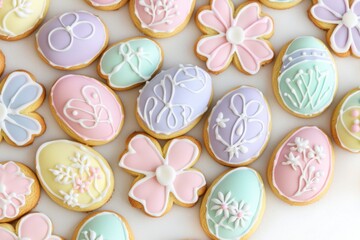 An assortment of pastel-colored Easter sugar cookies, decorated with intricate floral and egg...