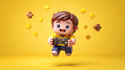 3d cute cartoon gamer isolate yellow background