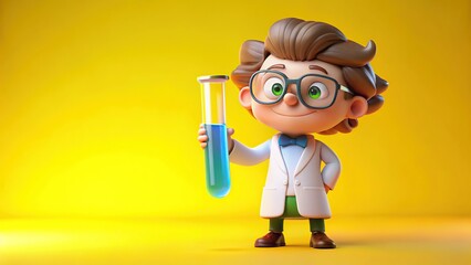 3D cartoon scientis  holding a test tube with a bubbling blue isolate yellow background
