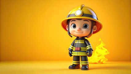 3d cute cartoon firefighter isolate yellow background.