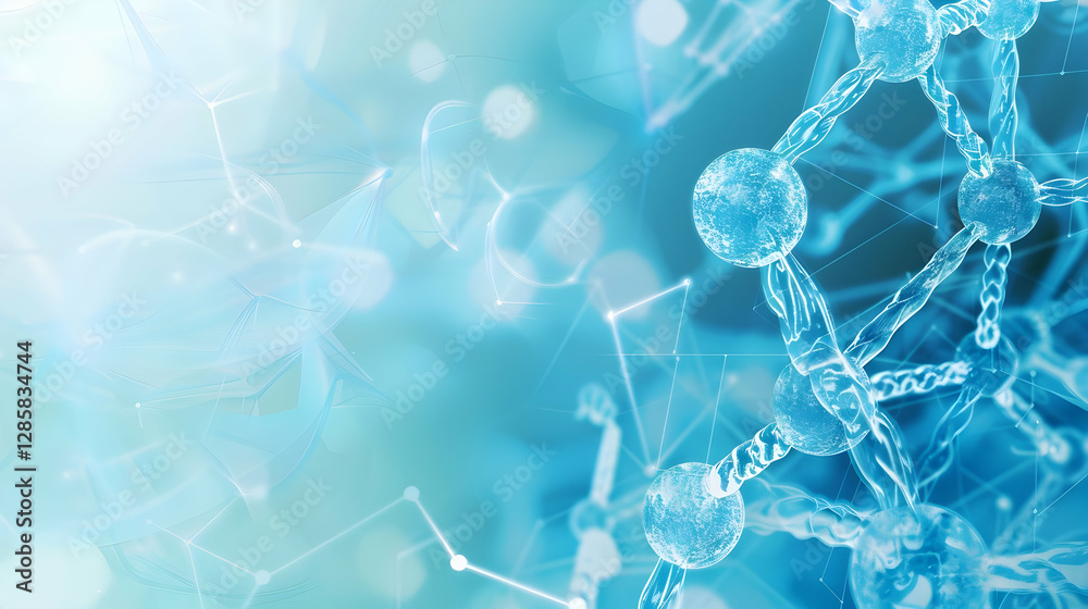 Poster abstract representation of molecular structures with a soft blue background and light effects (1)