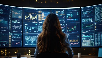 Female Auditor Analyzing Financial Trends on Multiple Monitors in a Modern Office Environment with Data Visualizations and Charts