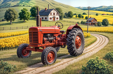 alter Traktor in idylischer Landschaft