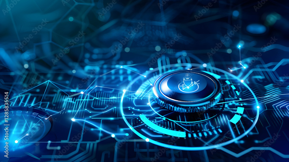 Poster futuristic digital interface with glowing elements and intricate circuit patterns in a tech environm
