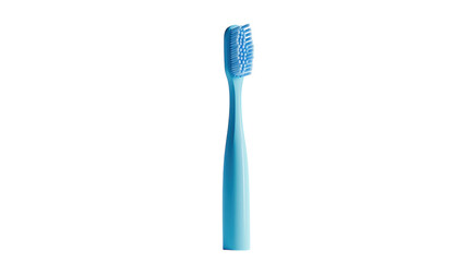 Bright blue toothbrush placed upright on a clear surface, showcasing its sleek design and soft bristles for effective oral care