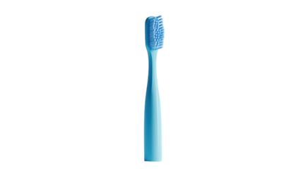 Bright blue toothbrush placed upright on a clear surface, showcasing its sleek design and soft bristles for effective oral care