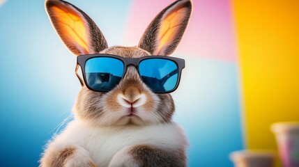 Rabbit wearing sunglasses and standing in front of a colorful wall. The rabbit's sunglasses are blue and it is posing for a photo