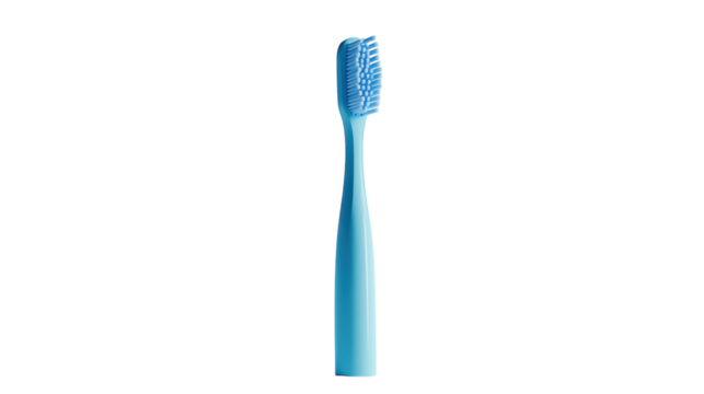 Bright blue toothbrush placed upright on a clear surface, showcasing its sleek design and soft bristles for effective oral care