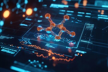 Futuristic technology background with glowing molecular structure, data analysis, artificial intelligence, network connections, showcasing advanced scientific developments concept.