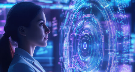 Exploring advanced technology concepts young woman engaged with futuristic digital interface in modern workspace