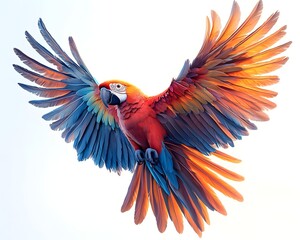 Fototapeta premium Captivating Macaw with Vibrant Feathers Spreading Wings on White Backdrop for Pet Portrait Concept