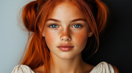 Fototapeta premium Woman with red hair and blue eyes. She has a red face and is wearing a white shirt
