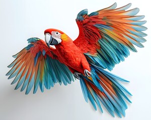 Obraz premium Vibrant Macaw with Spread Wings on Enchanting White Backdrop