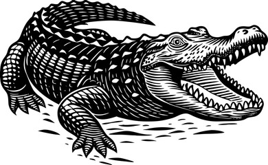 Alligator in a classic vintage illustration style, showcasing its textured scales, sharp teeth, and powerful posture sketch engraving vector