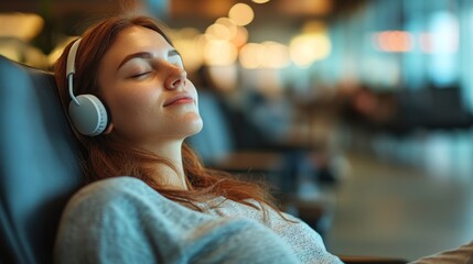 Serene young woman with headphones relaxing in airport lounge chair, eyes closed, peaceful expression.
