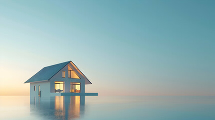Serene house floating over calm water at sunset, showcasing tranquility and modern architecture