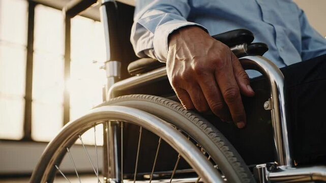 Sunlight illuminates businessman's hand resting on his wheelchair, conveying themes of disability, accessibility, and inclusion in the workplace