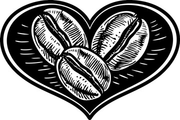 Coffee beans arranged in a heart shape, symbolizing love for coffee and artisanal brewing sketch engraving vector