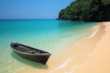 Obraz premium A beautiful scene of a boat resting on a sandy beach with crystal-clear, turquoise waters gently lapping at the shore.