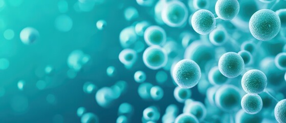 A vibrant, microscopic view of floating cells in shades of blue and green, showcasing the intricate beauty of microorganisms in a fluid environment.