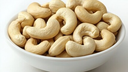 Fresh Raw Cashew Nuts in a White Bowl on a Light Background