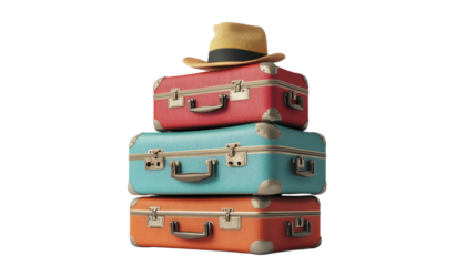 Stacked vintage suitcases with a straw hat ready for summer travel adventure
