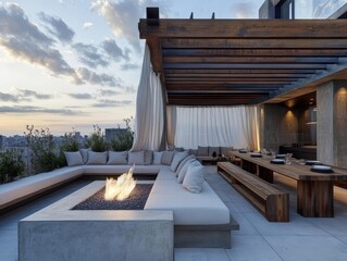 A patio with a fire pit and a large white canopy