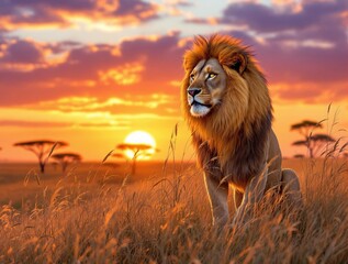majestic lion at sunset in the savanna