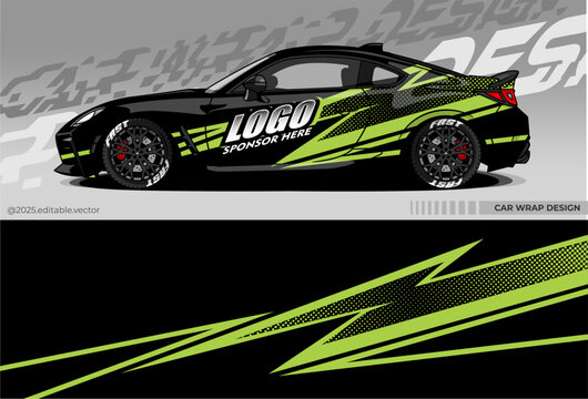Car wrap design for sports cars. Dominated by black with green accents. The design has a dynamic Lightning pattern with green lines and dots, creating a sense of speed and movement.