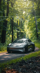 Electric car parked on forest path, captures essence of modern eco-friendly transportation. Modern zero emission car. Advanced technology with environmental consciousness. Sustainable transportation.