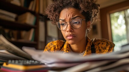 Person in a Home Office Deep in Thought Surrounded by Piles of Paperwork, Trying to Organize Cluttered Workspace and Focus on Tasks