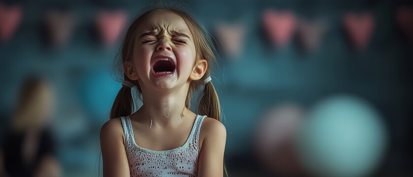 Young girl is crying in a room with a blue background. The girl is wearing a white tank top and has her hair in pigtails - Powered by Adobe