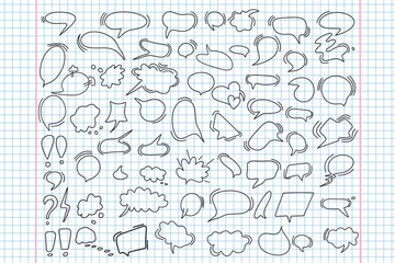 Obraz premium Huge set of dialog boxes, various options are hand drawn. Collection of speech bubbles for conversation, dialogue, doodle style design on a checkered background