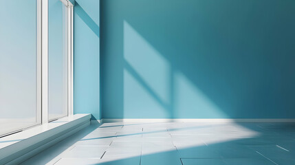 Fototapeta premium Bright, empty room with turquoise walls and large windows casting shadows on the floor